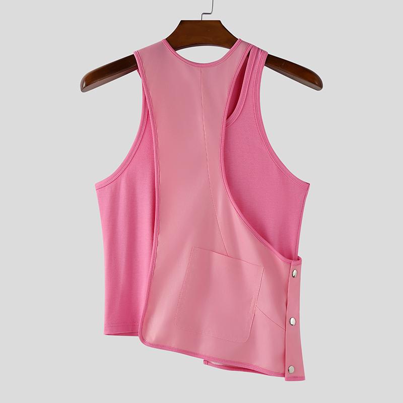 INCERUN Men Sleeveless Front Cross Irregular Casual Patchwork Tank Tops