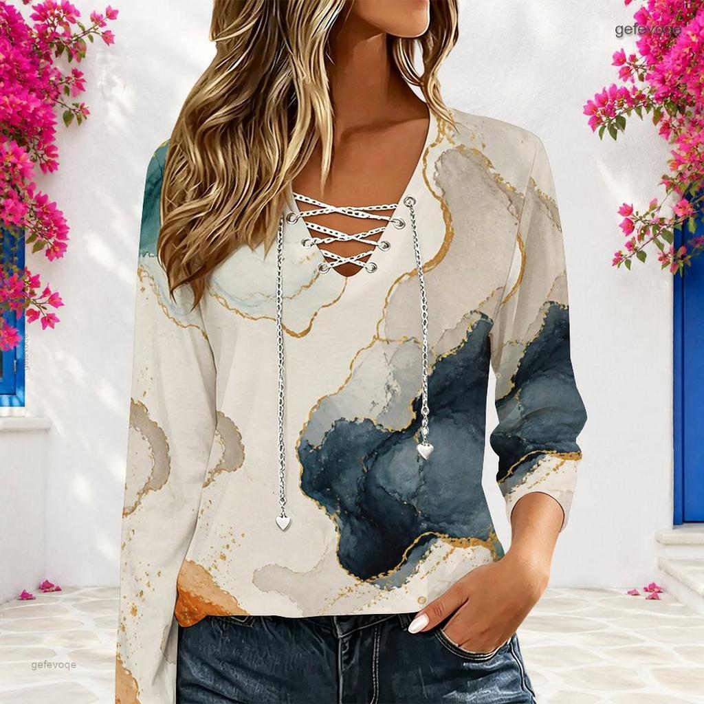 Women Plus Size V Neck Long Sleeve Eyelet Chain Lace Up Curved Hem Printed Top