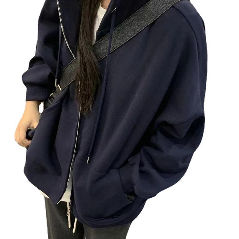 

Женские весенне-осенние толстовки с длинным рукавом большого размера, однотонные студенческие толстовки, кардиган XXL темно-синий