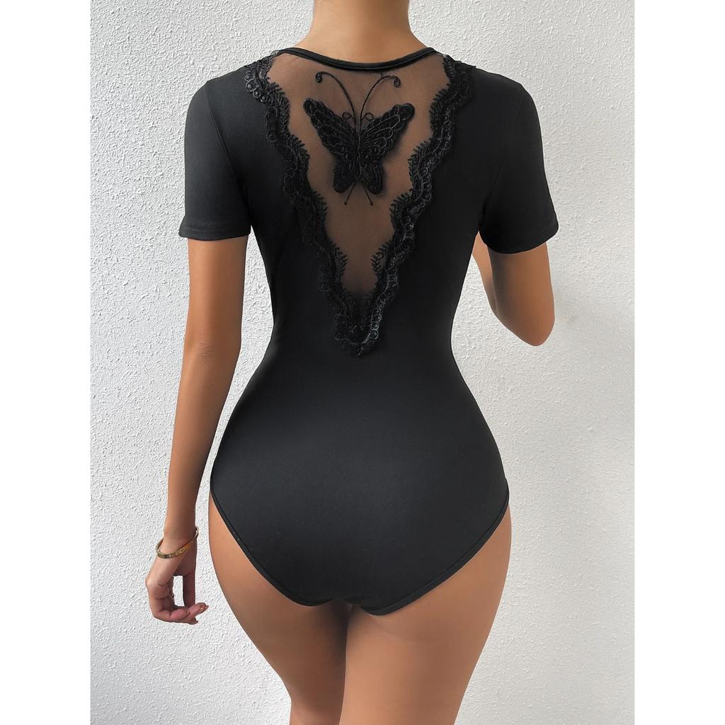 2025 Summer Clothes New Fashion Women's Sexy V-neck Back Butterfly Patchwork Short Sleeved Tight Jumpsuit Rompers