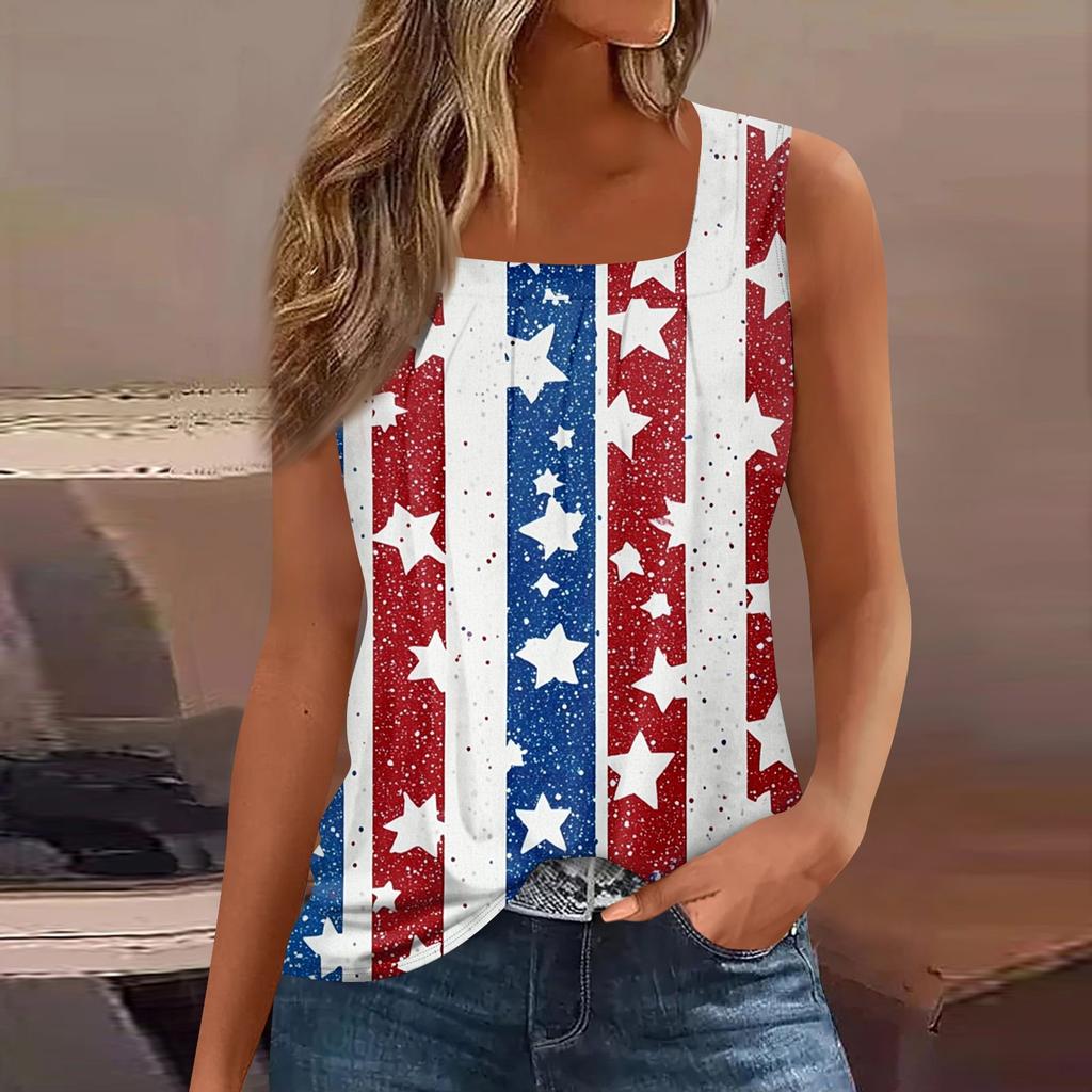 Women's Summer Casual Pleated Square Neck Sleeveless Tank Top Printed T-Shirt