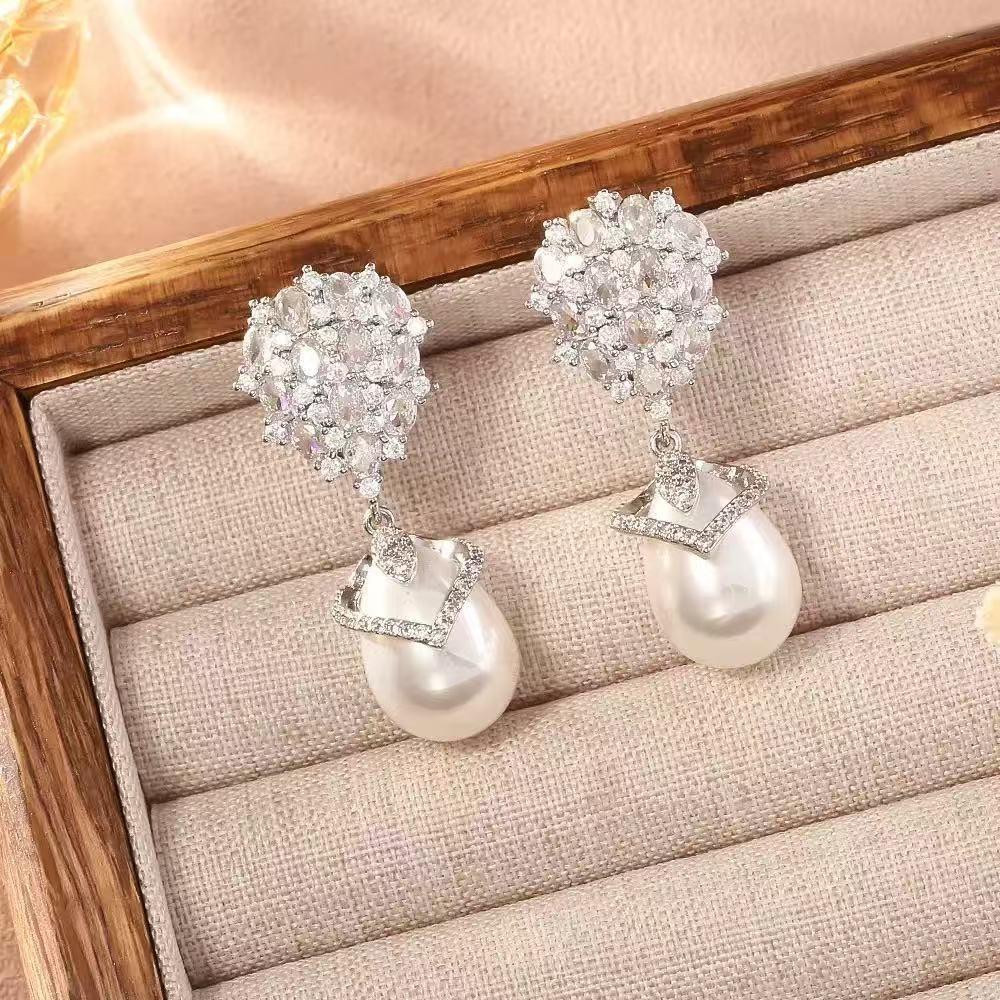 Classic Pearl Drop Earrings Shiny Champagne Pearl Zircon Earrings  For Women
