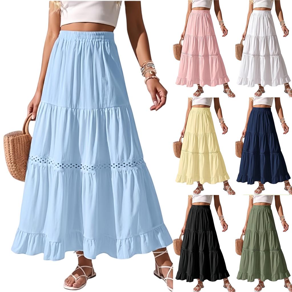 Women's Long Cotton Skirt Elastic Waist Lace Trim Tiered A-Line Maxi Skirt Lightweight Pleated Half Length Skirt Casual Summer Skirt