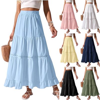 Women's Long Cotton Skirt Elastic Waist Lace Trim Tiered A-Line Maxi Skirt Lightweight Pleated Half Length Skirt Casual Summer Skirt
