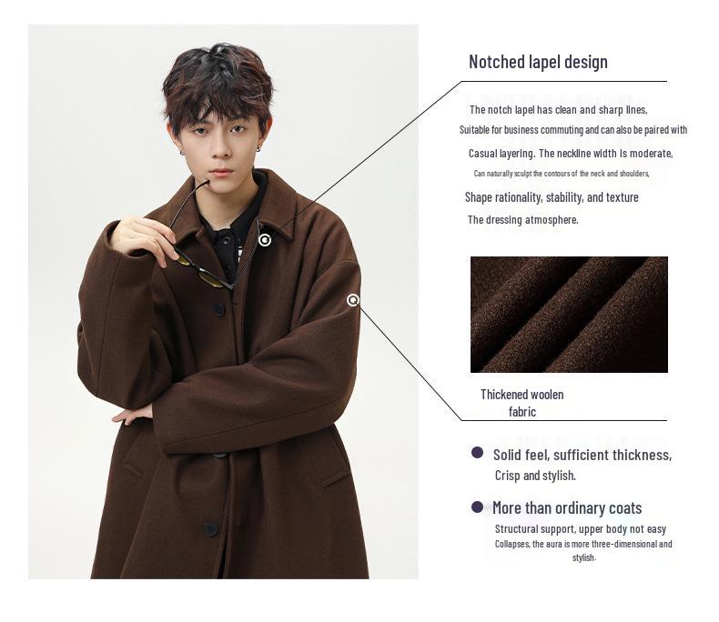 Men's Mid-Length Wool Coat - Dragon & Phoenix Design, Autumn/Winter Korean Style, Thick Windbreaker, Loose Fit, Trendy Brand Lapel Jacket.