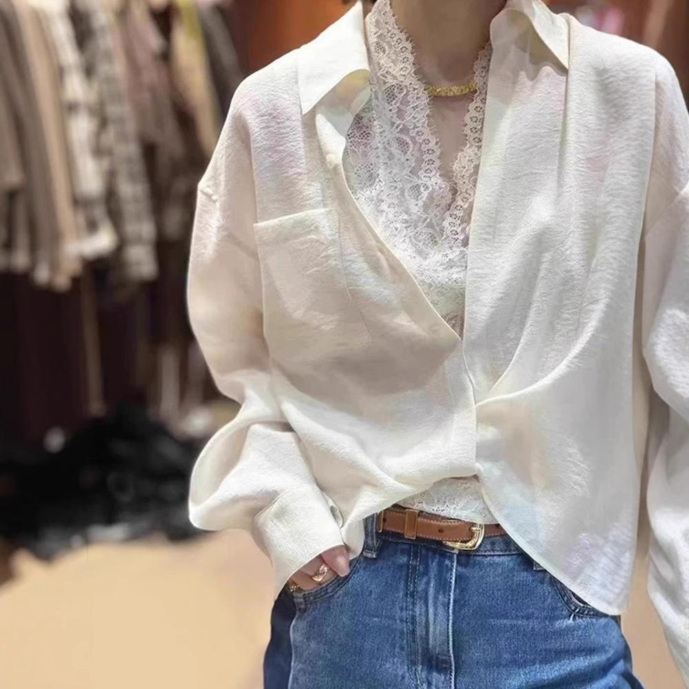 French-Style Two-Piece Set: Turn-Down Collar Long Sleeve Shirt + Lace Vest for Women.