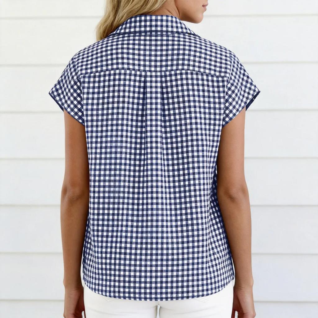 Women's Casual Loose Button Short Sleeve Plaid Shirt Top