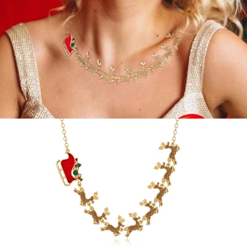 Festive Reindeer Necklace Handmade Chain Choker Adjustable Sled Elk Pendant Neckchain Accessory for Christmas Parties