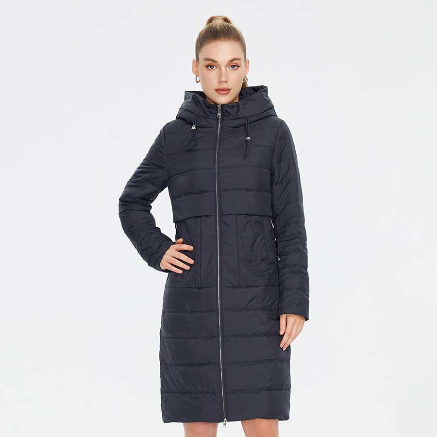 Spring Autumn Women's Long Coat Long Sleeve Quilted Female Solid Color Jacket Windproof Hooded Parka C23609