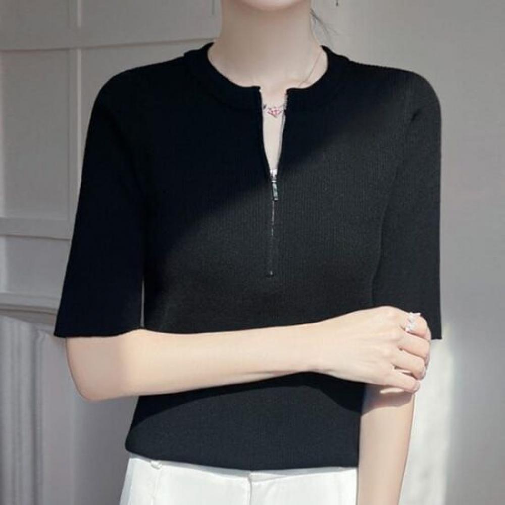 Navava Zip Up Round Neck Short Sleeve Knit Tee Nk2953