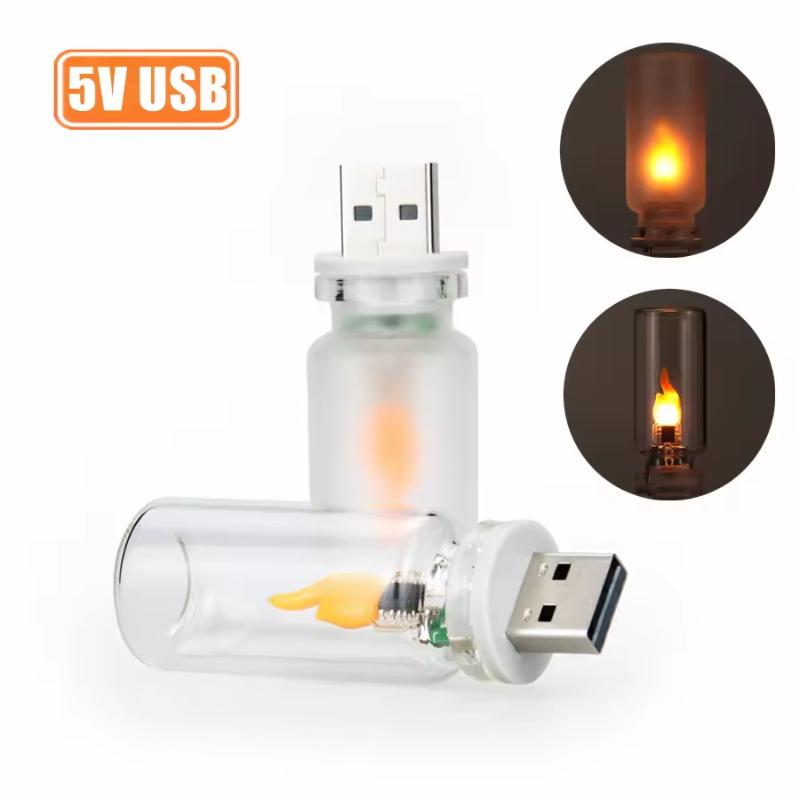 USB Powered Flame Flickering LED Candle Night Light Frosted Glass Cover for Bedroom Bedside Mood Lighting