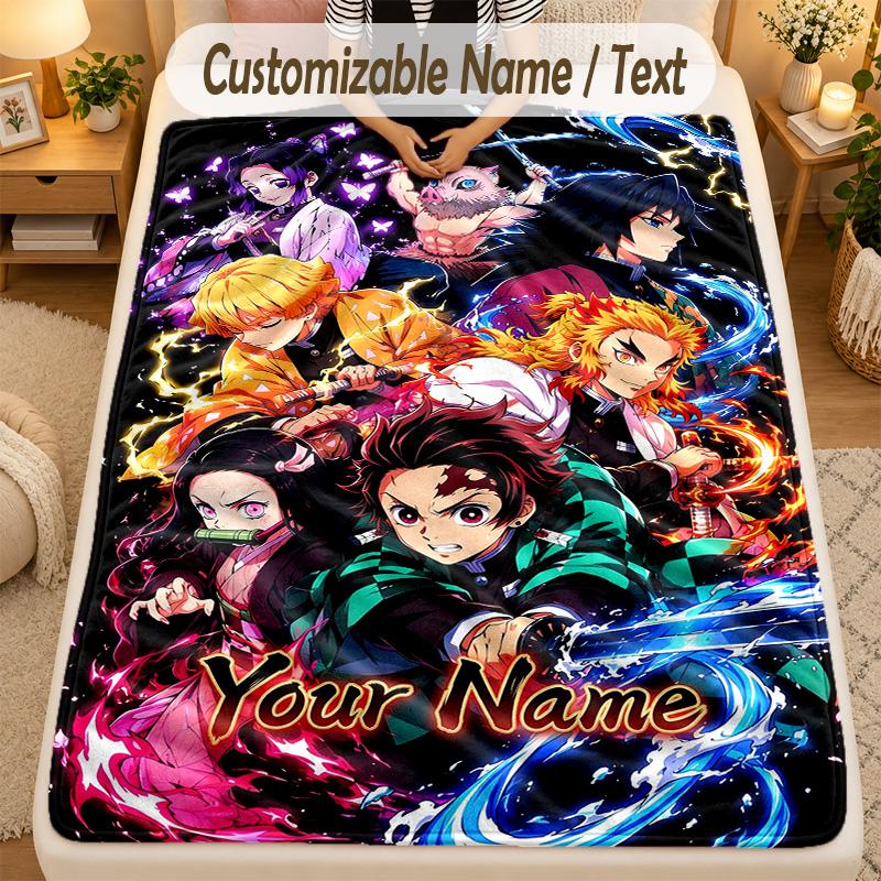 Flannel BlanketDemon Slayer Custom Name Text Personalized Soft Warm Throw Blanket Home Decor Gift