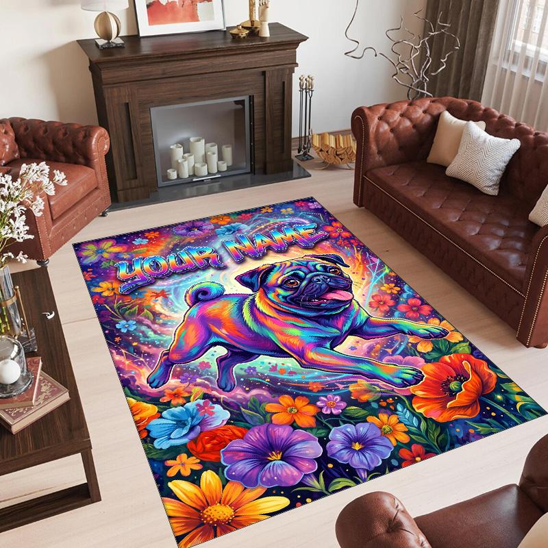 Pug Theme Crystal Velvet Floor Rug Personalized Custom Name Text Warm Carpet Home Decoration