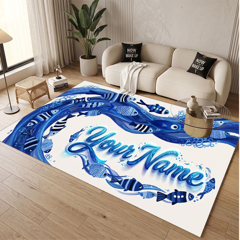 Fish Ocean Theme Soft Crystal Velvet Rug Custom Name & Text Print Non Slip Floor Rug for Bedroom Living Room