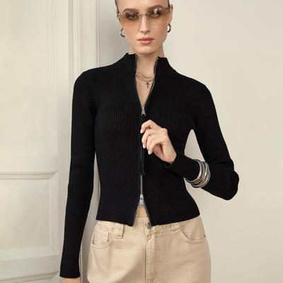 Autumn Winter Double Zipper Cardigan Women's Stand Collar Slimming Warm Knitted Coat Comfortable Versatile Outerwear Top