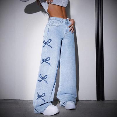 Butterfly Design Wide-Leg Washed Jeans 2025