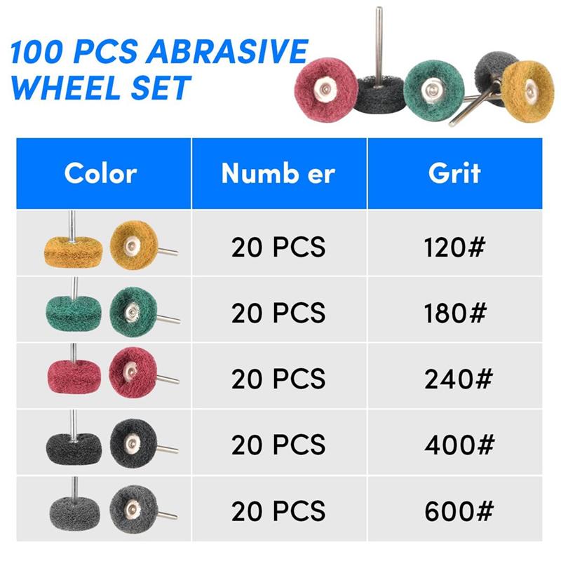 A03F-1 Inch Buffing Polishing Wheels, 100 PCS Abrasive Set For Rotary Tool Accessories-1/8 Shank