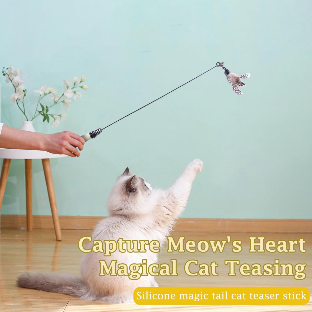 Interactive Teaser Wand with Wood Handle, Spring, Feather & Bell - Replaceable Toy for Indoor Cats