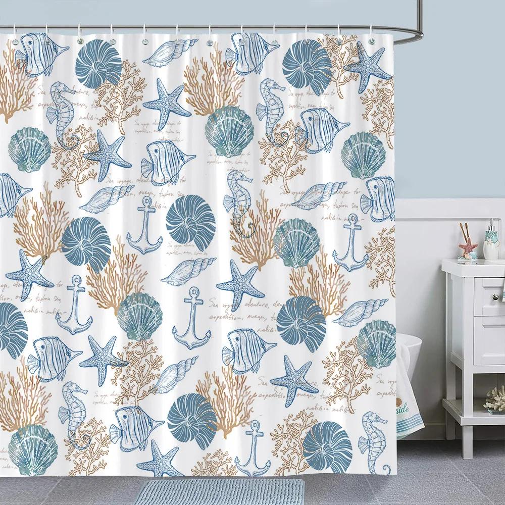 Морская Прибрежная Занавеска для душа Медуза Бирюзовый Океан Подводный мир Морские животные Коралл Морской конёк Морская черепаха Полиэстеровая ткань Занавески для ванной 90x180cm35x71in