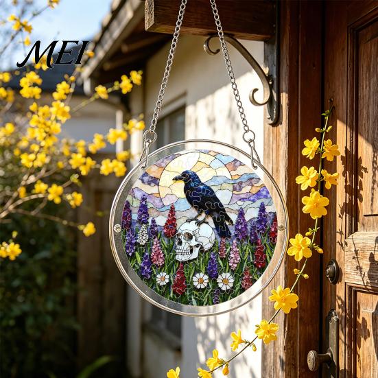 Decorative Glass Effect Pendant Halloween Acrylic Puzzle Window Suncatcher, Stained Style Hanging Ornament Retro Skeleton Pumpkin Crow with