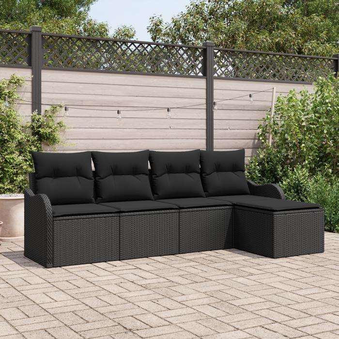 Ensemble de Canapé de Jardin de 5 Pièces avec Coussins Noir Poly Rotin, Canapé de Jardin de 2 Places avec Coussins Noir Poly 3345663