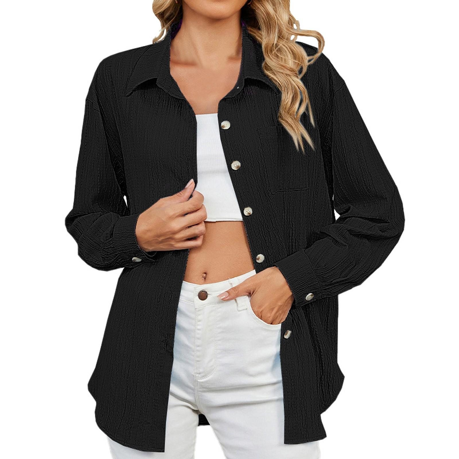 

Женские рубашки на пуговицах с длинным рукавом, повседневные однотонные свободные топы с воротником XL чёрный