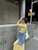 Rochie Tricotată Galbenă Stil Coreean Slim-Fit cu Mâneci Lungi - Rochie Lungă Casual de Toamnă pentru Femei, Cambrată în Talie, Muldând Șoldurile