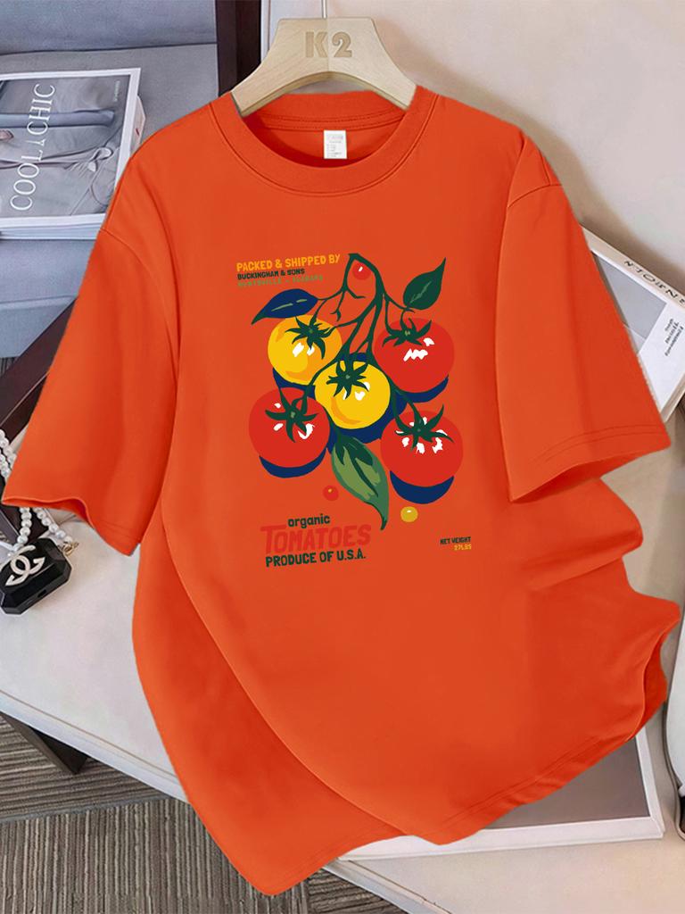 Summer Cotton T-Shirts Women Organic Tomatoes Produce Of Usa Prints Short Sleeve O-Neck Comfortable Loose Tops Casual Clothes