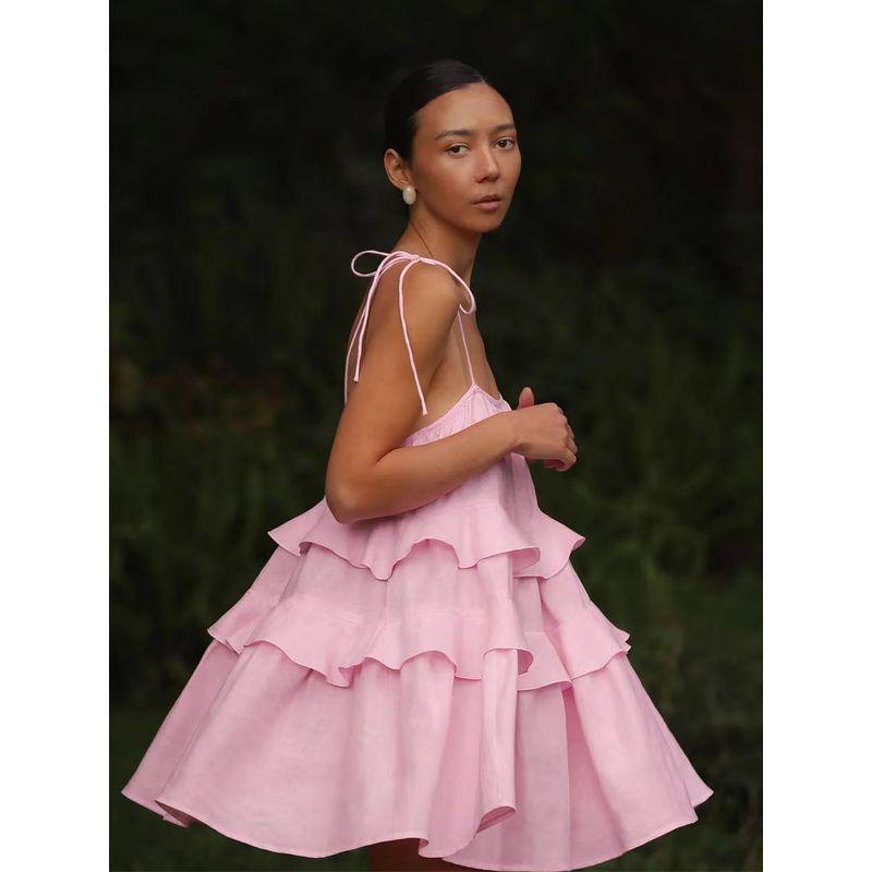 

European and American Frill Cake Skirt Sexy Backless Sling Dress Sexy Suspender Cake Skirt Pink S
