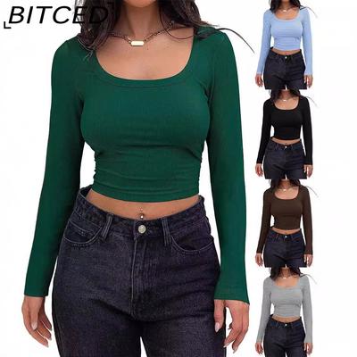 Women's Slim-Fit Short-Sleeve Square Neck T-Shirt with Ribbed Hem
