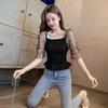 Polka Dot Puff Sleeve Women Blouse Elastic Waist Slim Cropped Top Square Neck Short Sleeve Sweet Fairy Style Office Lady Summer