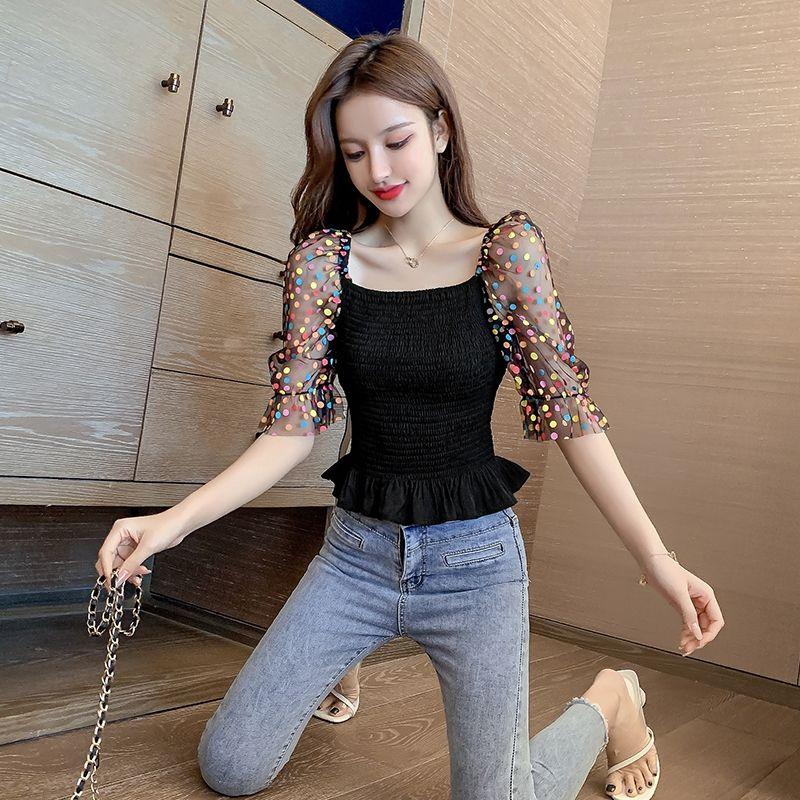 Polka Dot Puff Sleeve Women Blouse Elastic Waist Slim Cropped Top Square Neck Short Sleeve Sweet Fairy Style Office Lady Summer