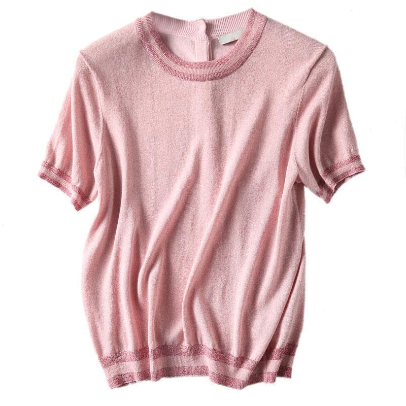 Color Blocking Walking Bright Silk Short Sleeved Knitted Sweater for Women Light Mature Pink Single Breasted Bottom Top