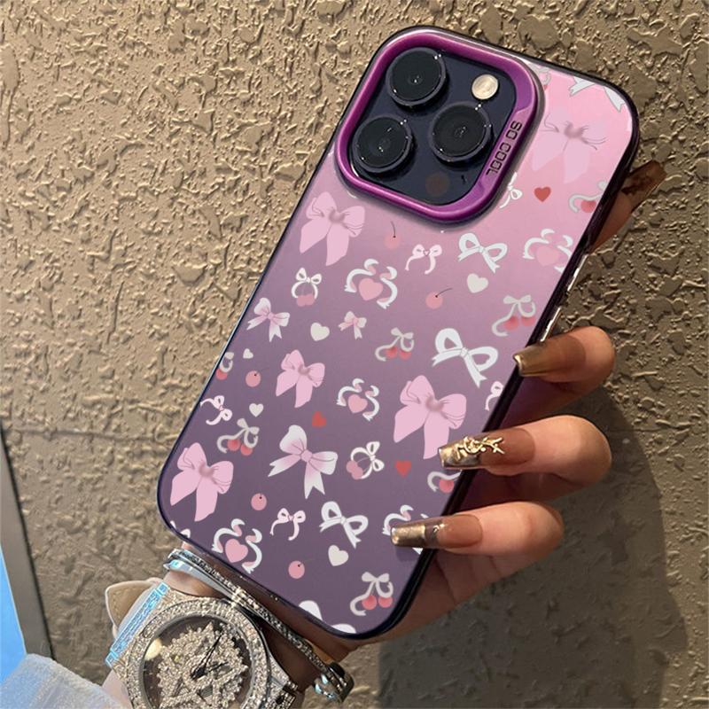 Black Cherry Bow Electroplate Silver IMD Phone Case For iPhone 16 15 14 Pro Max 13 12 11 Pro 16E 7 8 Plus X XS Shockproof Cover