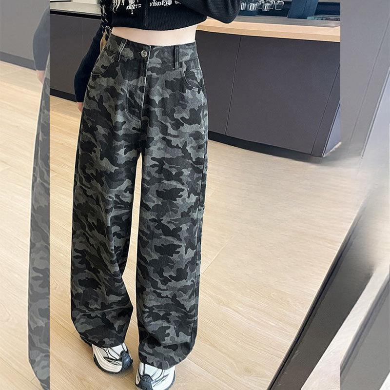 Damen Arbeitskleidung High Waist Camouflage Retro Jeans - Locker, Weitbein, Gerader Schnitt für lockere lässige Damenhosen