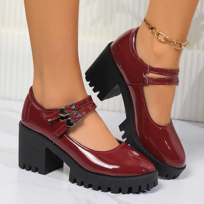 Fashion European and American High Heels 2024 New Solid Color Versatile Round Toe Thick Heel Single Button Women's Shoes Zapatos Mujer