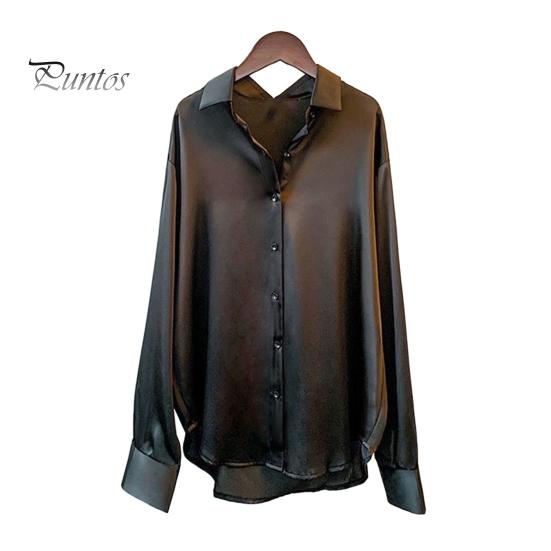 

Женская весенне-осенняя рубашка из шелковистого атласа с отложным воротником, однобортная мягкая дышащая свободная блузка с длинным рукавом в деловом стиле S чёрный