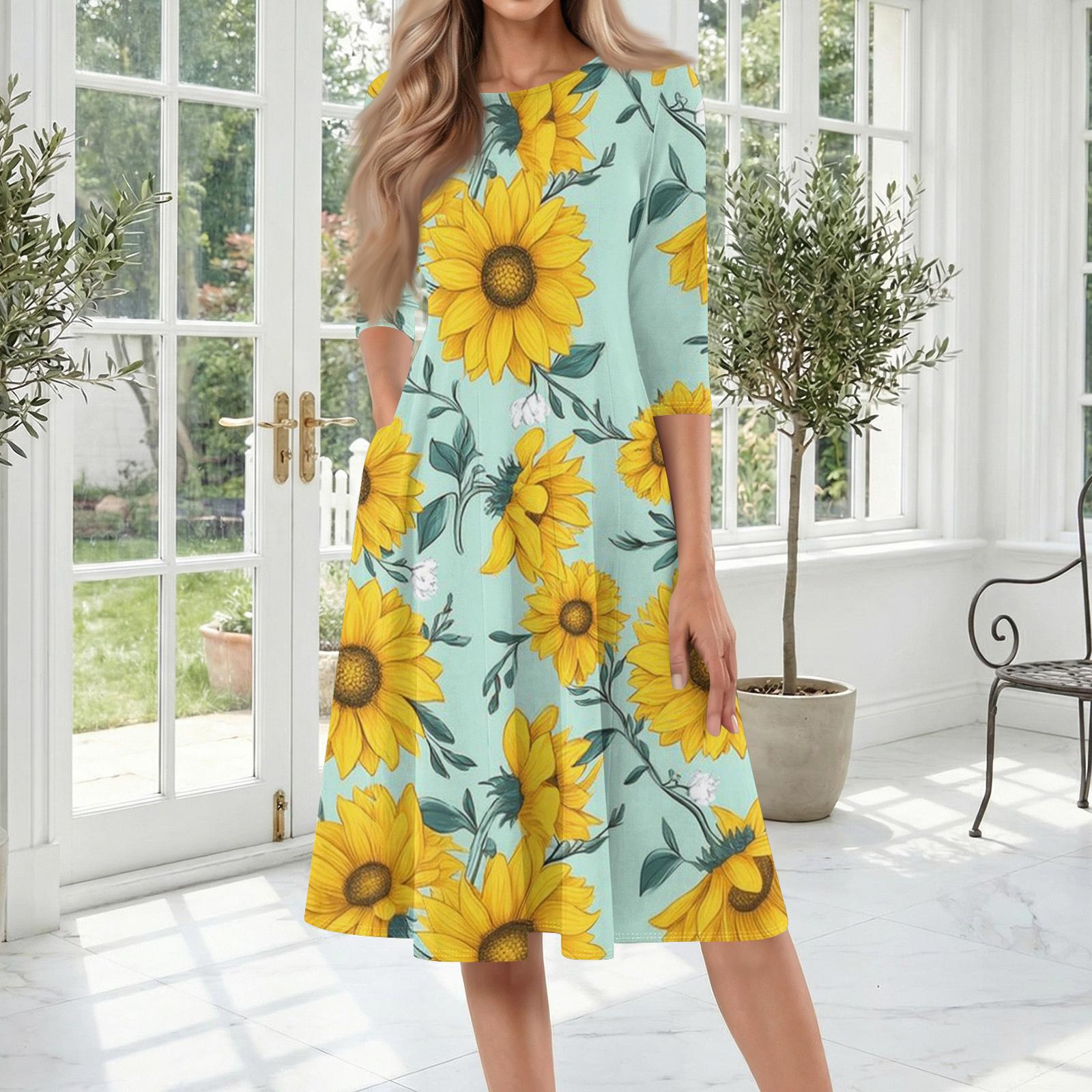 

Women s Casual Fashion Round Neck Three Quarter Sleeve Floral Print Mid-Length Dress Comfortable Loose Fit A-Line Style XXL циан