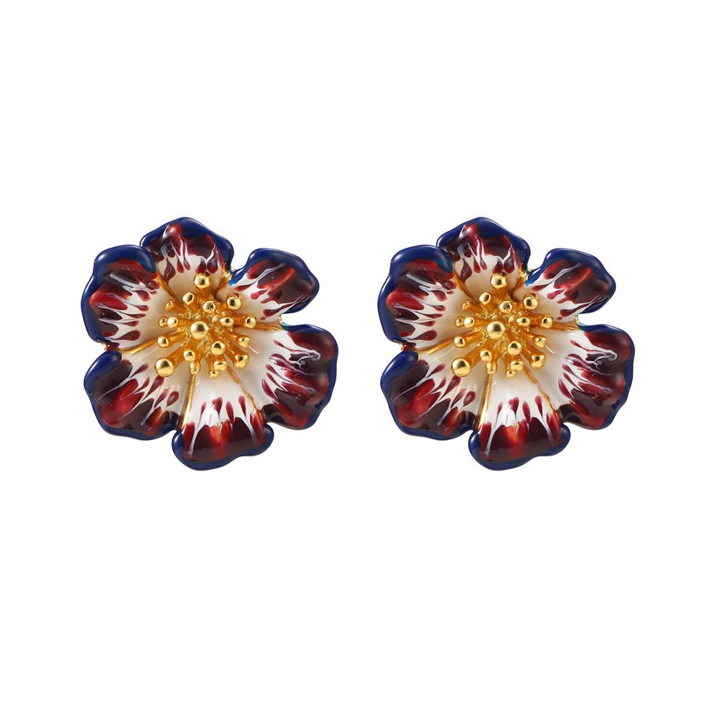 Red three-dimensional enamel flower earrings spring French high-end retro niche versatile fashion earrings