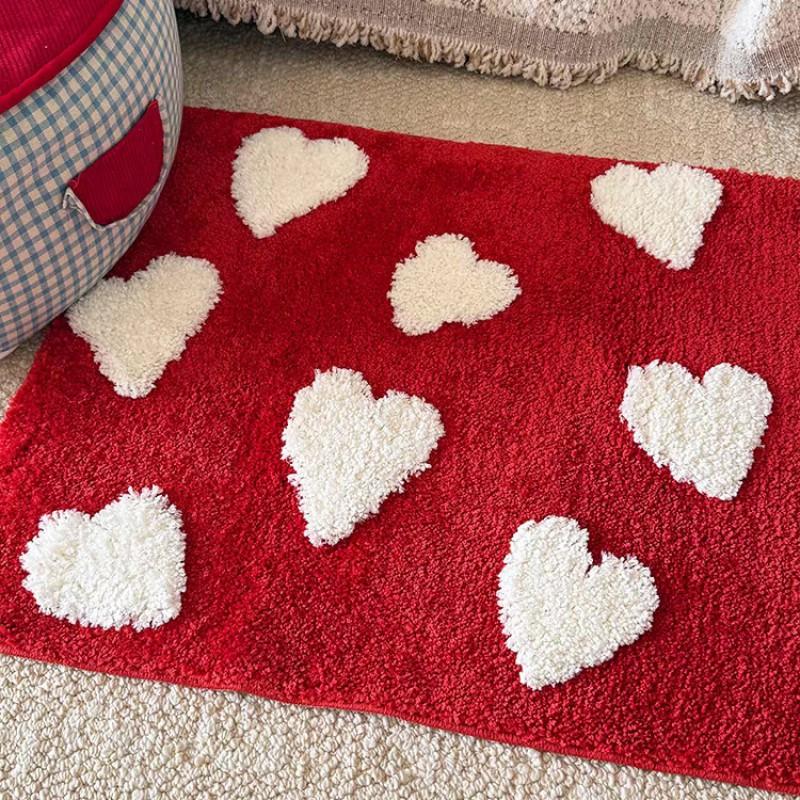 Korean Style Red Velvet Heart Shape Rug Non-Slip Absorbent Floor Mat Bedroom Bathroom Kitchen