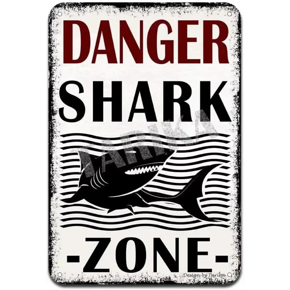 Retro Shark Warning Metal Sign Painted Plaque Perfect for Courtyard Manhole Swimming Pool and Wall Mural Decor