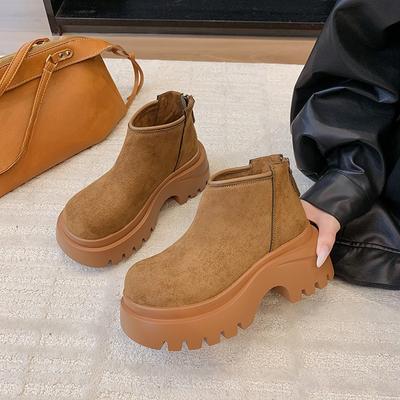 Platform Block Heel Single Boots Autumn New Round Toe Suede Rear Zipper Anti-Slip Wear-Resistant Short-Thigh Boots