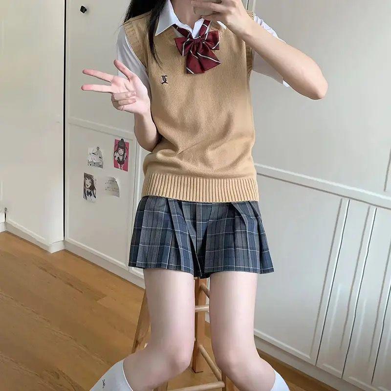 Japanese School-Style Embroidered V-Neck Knitted Vest for Women