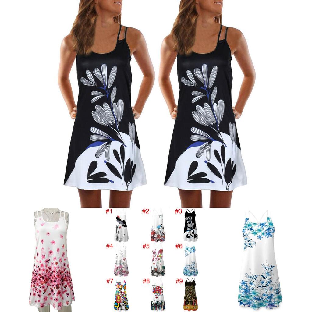 Elegant Women Summer Vintage Beach Sleeveless 3d Floral Print Boho Tank Dress