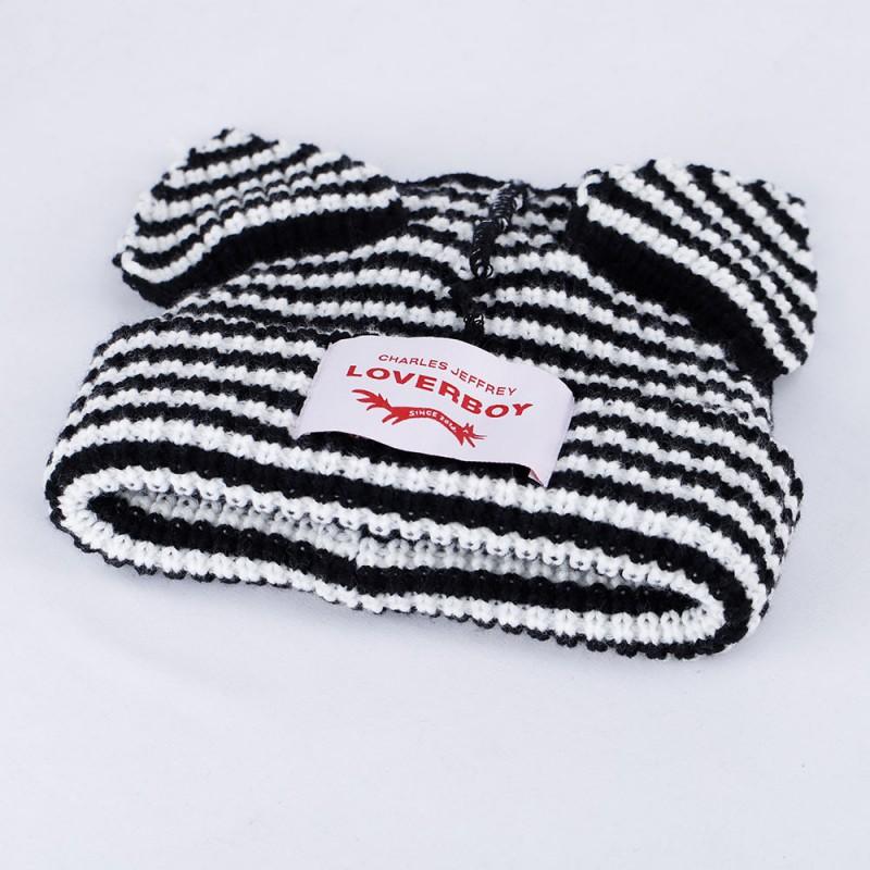 Damen Gestrickte Mütze mit Ohrenklappen und Streifen Niedliche Katze Ohrenschützer Mütze Winterlich Warm Weich Pullover Mütze