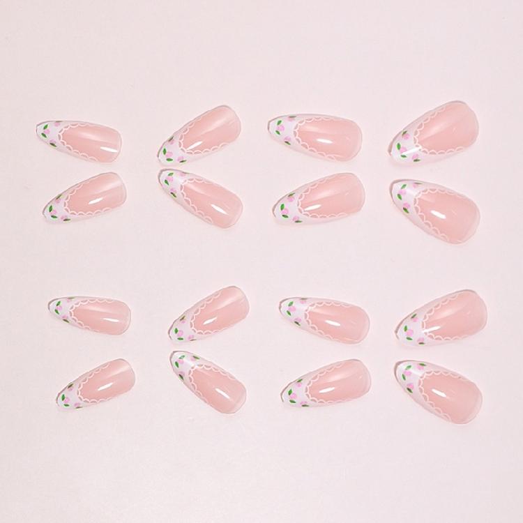 24 Pcs Press On Nail Set Acrylic False Nail With Lace and Flower Designs Nail Accesories Stick On Nail for Daily Wear