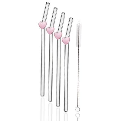 Valentine's Day 4Pcs Reusable High Borosilicate Glass Drinking Straws Set Set with 1 Brush Milk Shake Coffee Cocktail Straw Bar
