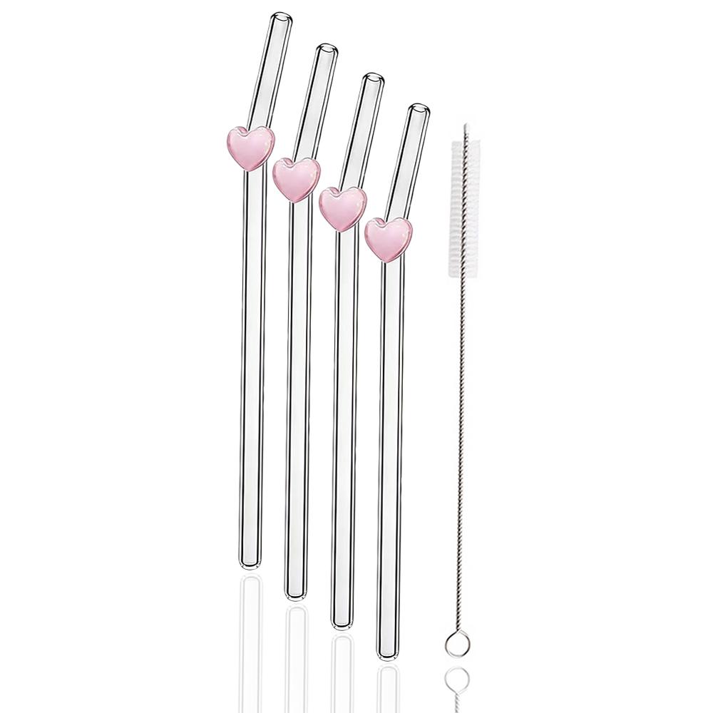 

Valentine s Day 4Pcs Reusable High Borosilicate Glass Drinking Straws Set Set with 1 Brush Milk Shake Coffee Cocktail Straw Bar розовый