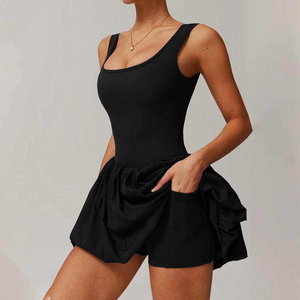 Women's Fashion Solid Color U Neck Sleeveless Vest Pocket Sports Jumpsuit