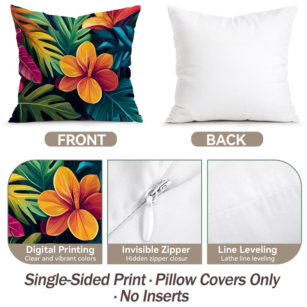 4 Pcs Tropical Plants And Flowers Single-Sided Printed Pillowcase Cushion Cover,Suitable For Living Room,Bedroom,Car Decoration